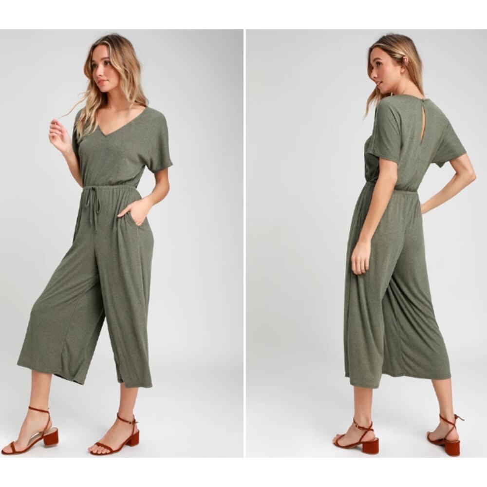 Lulus Size S Melinda Olive Green Short Sleeve Jumpsuit Ribbed Elastic Waist Tie